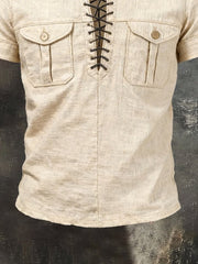 Men's Retro Cotton Linen Tie-Waist Short-Sleeve T-Shirt
