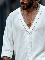 Men's Retro Cotton Linen Color Block Striped V-Neck Mid-Sleeve T-Shirt