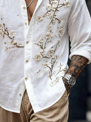 Men's Retro Cotton Linen Embroidered Stand Collar Long Sleeve Shirt