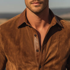 Men's Classic Western Style PU Leather Lapel Slim-fit Faux Suede Long-sleeved Shirt MTA1690L3K