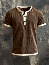 Men'S Vintage-Style Color-Block Short-Sleeved T-Shirt With Henley Collar