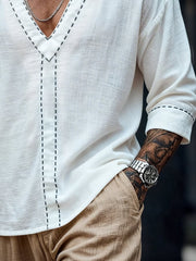 Men's Retro Cotton Linen Color Block Striped V-Neck Mid-Sleeve T-Shirt