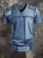 Men's Vintage Color-Block Print Short-Sleeved Henley Shirt