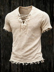 Men'S Cotton And Linen Ethnic Style Short-Sleeved T-Shirt With Frayed Edges