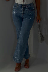 Diamante Rhinestone Wide Leg Jeans Denim Blue