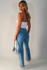 Diamante Rhinestone Wide Leg Jeans Denim Blue