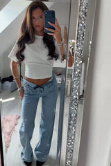 Diamante Rhinestone Wide Leg Jeans Denim Blue