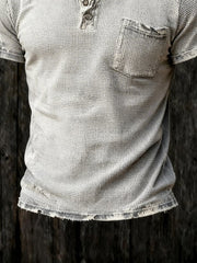 Men's Retro Distressed Waffle Casual Henley Collar Short-Sleeve Top