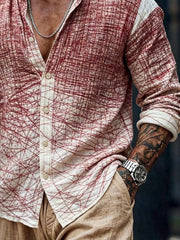 Men's Retro Cotton Linen Color Block Striped Stand Collar Long Sleeve Shirt