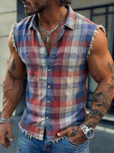 Men's Vintage Cotton-Linen Frayed Plaid Sleeveless Shirt