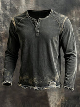 Men'S Vintage-Style Pure Cotton Washed And Distressed Long-Sleeved T-Shirt With Contrasting Colors.