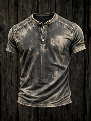 Men's Retro Pure Cotton Washed Color Block Casual Henley Collar Short-Sleeve Top