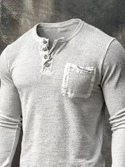 Men's Retro Distressed Waffle Casual Henley Collar Long-Sleeve Top