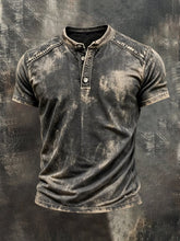 Men's Retro Pure Cotton Washed Color Block Casual Henley Collar Short-Sleeve Top