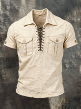 Men's Retro Cotton Linen Tie-Waist Short-Sleeve T-Shirt