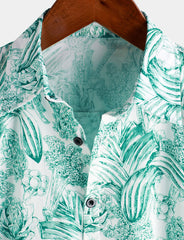 Men‘s 100% Cotton Green Floral Hawaiian Short Sleeve Button Shirt