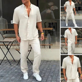 Menâs Solid Lapel Short-Sleeve Tops ďź Pants 2-Piece Setđ