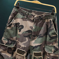 ๐2026 New Arrivals 50% OFF๐ฅMen's Studded Camo Cargo Shorts โ Distressed, Multi-Pocket & Elastic Waist โ Rugged Streetwear Cargo Shorts ๐น