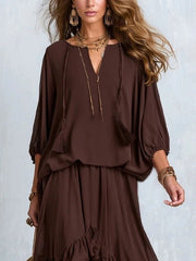 Kelsey | Women's V-Neck Tie Blouse with Layered Maxi Skirt, Two-Piece Set