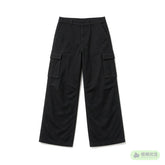 Black wide-leg cargo pants with side pockets laid flat