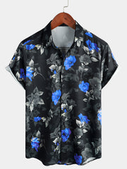 Men's Summer Casual Blue Floral Button Up Short Sleeve Holiday Cool Beach Shirt