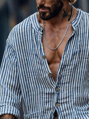 Men'S Retro Striped Cotton Linen Stand Collar Long-Sleeve Shirt