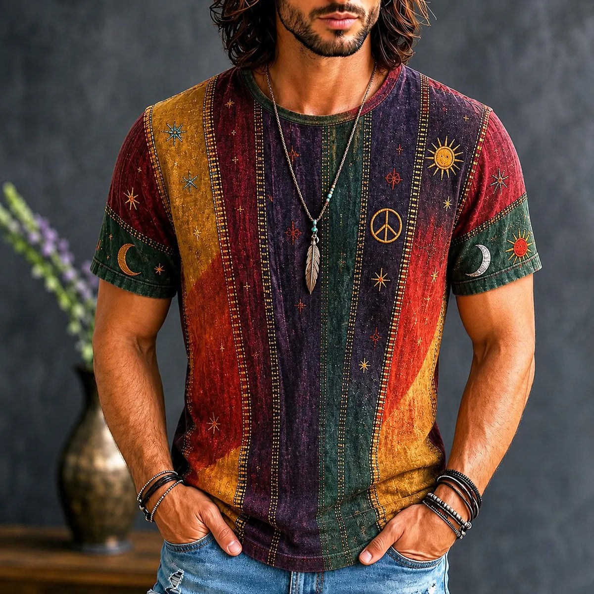 Men's Hippie Patchwork Sun Moon Star Boho Art Print T-shirt