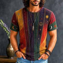 Men's Hippie Patchwork Sun Moon Star Boho Art Print T-shirt