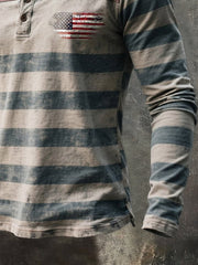 Men's Retro Color Block Henley Collar Long-Sleeve T-Shirt
