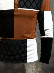Men's Retro Stitching Contrast Color Henley Collar Long Sleeve T-Shirt