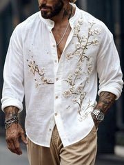 Men's Retro Cotton Linen Embroidered Stand Collar Long Sleeve Shirt
