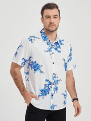 Men's Blue Floral Printed Button Up Short Sleeve Casual Shirt
