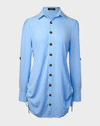 Long Sleeve Button Down Drawstring Shirt Dress - view 8