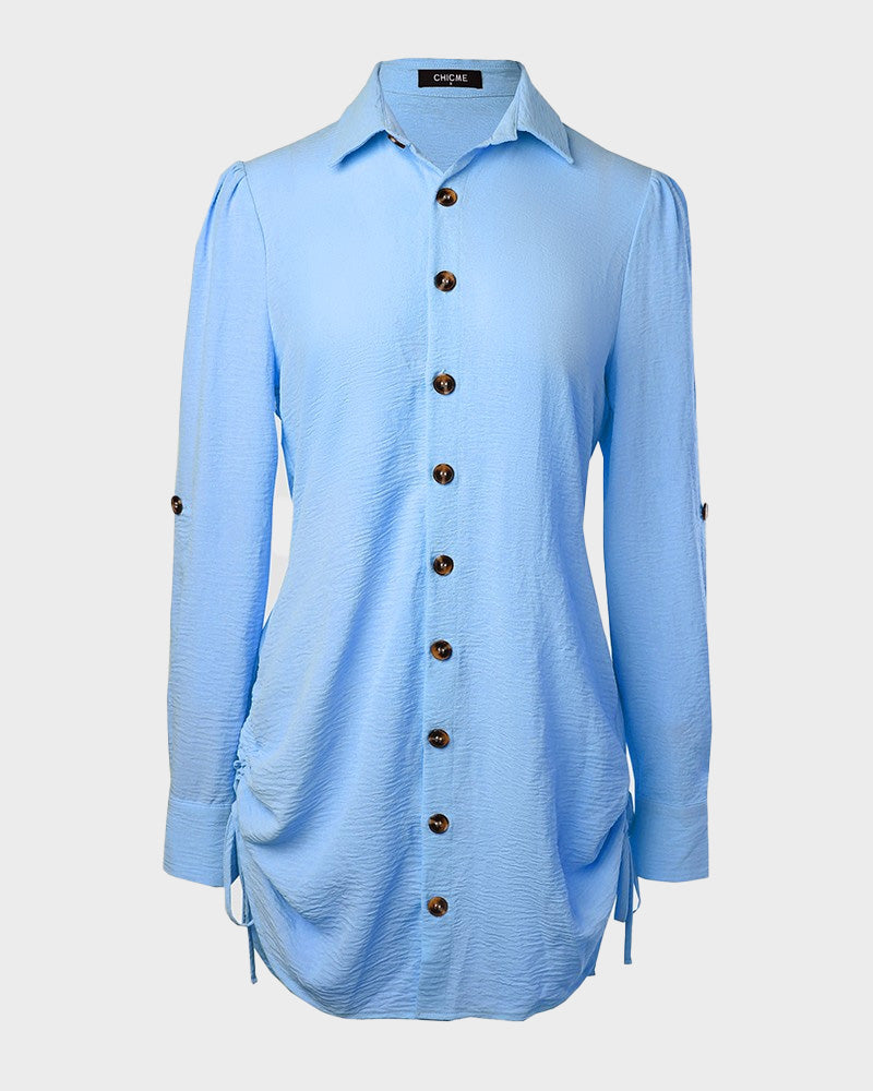 Long Sleeve Button Down Drawstring Shirt Dress - view 8