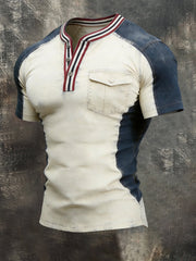 Men's Retro Print Contrast Henley Collar Short Sleeve T-Shirt
