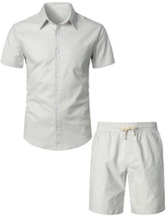 Men's Navy blue Solid Color Linen Cotton Outfit Pocket Short Sleeve Shirt and Shorts Set