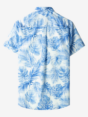 Men's Blue Hawaiian Casual Pocket Tropical Plant Print Vacation Button Short Sleeve Shirt