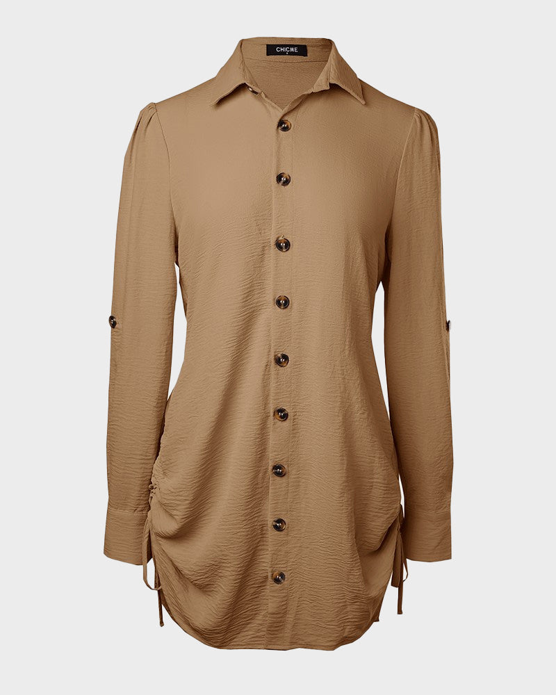 Long Sleeve Button Down Drawstring Shirt Dress - view 27