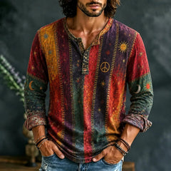 Men's Vintage Patchwork Peace Sign Sun Moon Star Art Print Henley Neck T-shirt