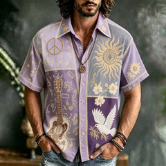 Men's Guitar Peace Sign Sun Dove Floral Hippie Boho Vacation Printed Linen Short Sleeve Shirt