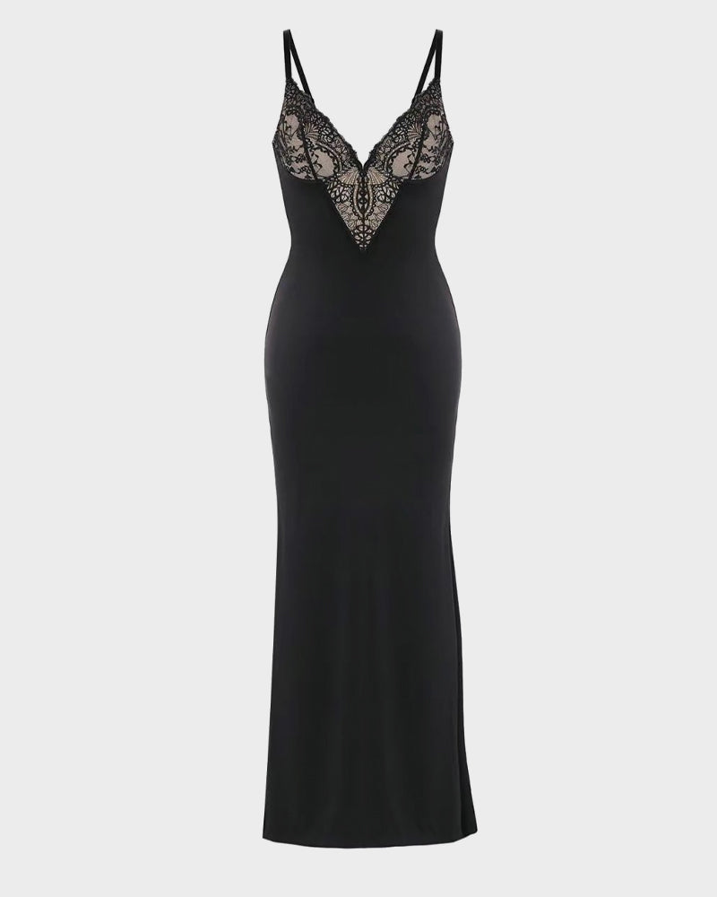 Deep-V Lace High-Slit Maxi Dress with Built-In Shapewear - view 5