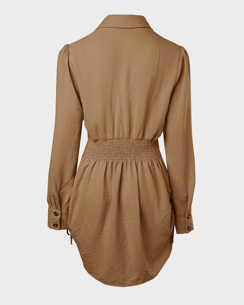 Long Sleeve Button Down Drawstring Shirt Dress - view 28
