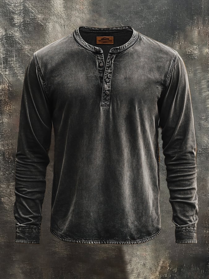 Men's Vintage Print Distressed Long Sleeve Henley