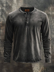Men's Vintage Print Distressed Long Sleeve Henley
