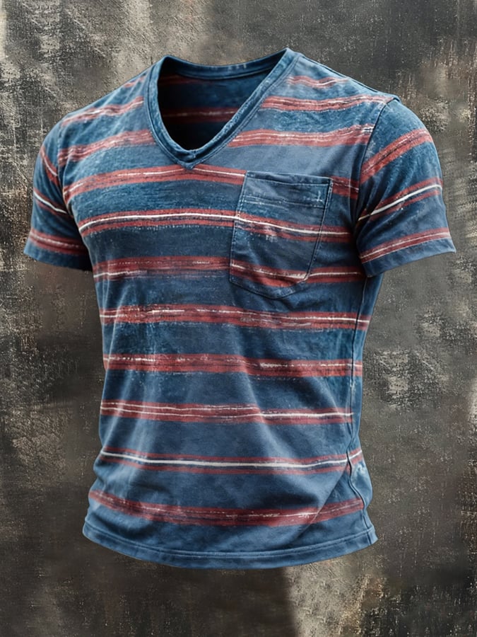 Men's Retro Striped Color Block V-Neck Short-Sleeve T-Shirt