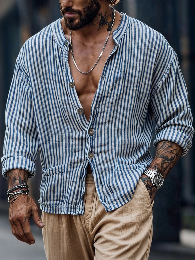Men'S Retro Striped Cotton Linen Stand Collar Long-Sleeve Shirt