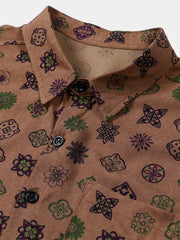 Men’s Vintage Khaki Brown Geometric Casual Breathable Short Sleeve Shirt