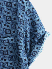 Men's Blue Geometric Print Bohemian Short Sleeve Shirt