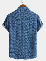 Men's Blue Geometric Print Bohemian Short Sleeve Shirt