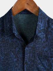 Men's Rayon Navy Blue Geometric Tribal Print Boho Short Sleeve Shirt